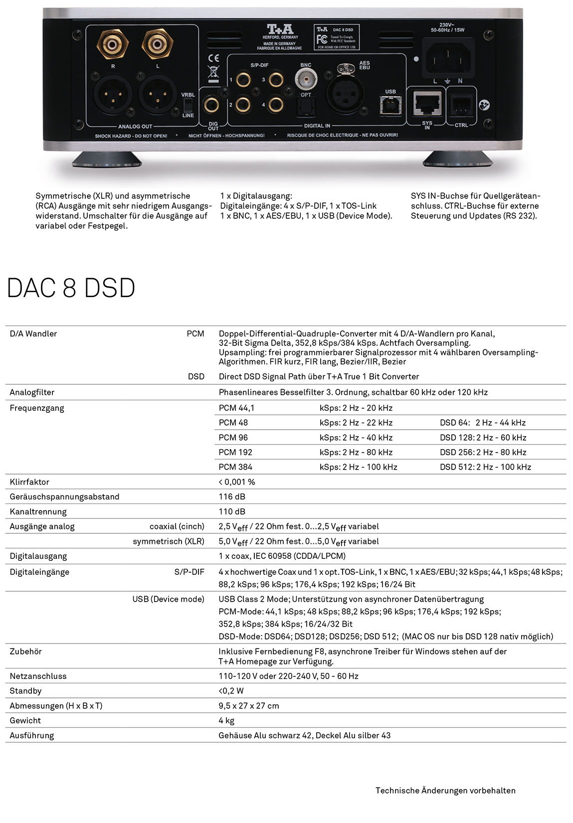 T+A DAC 8 DAS - Technische Daten